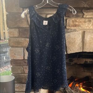 CAbi Dark Blue Sleeveless Top with Floral Design XL NWOT